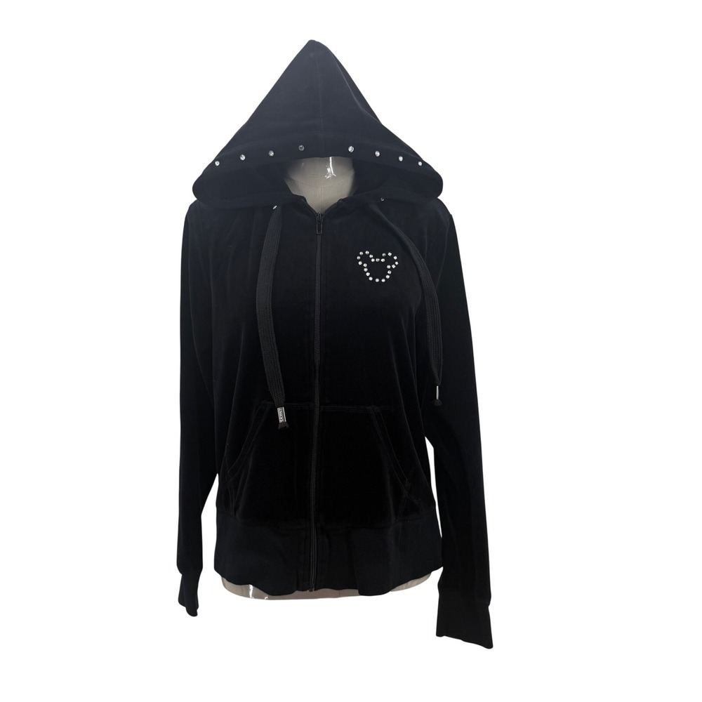 Disney Parks Hoodie Women L Black Good Velour Rhinestone Mickey Mouse Full Zip